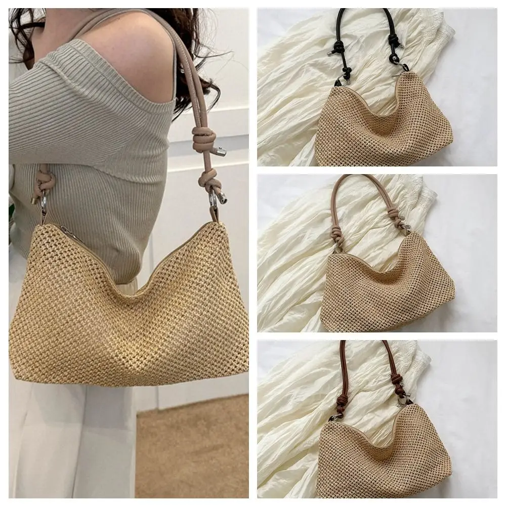 

Zipper Straw Woven Crossbody Bag Trendy Bohemian Style Large Capacity Shoulder Bag Handmade Shopping