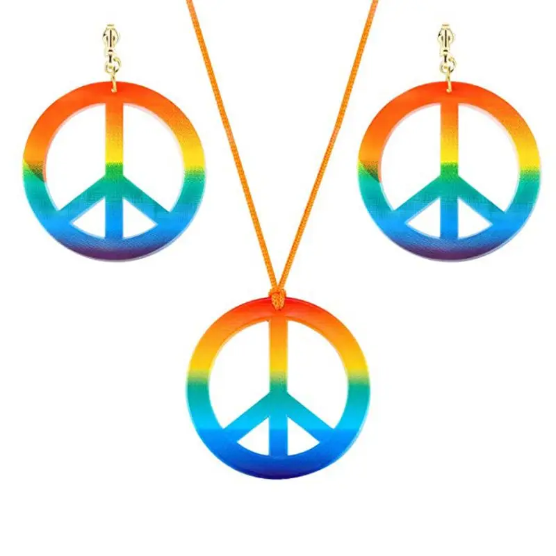 

60s 70s Rainbow Peace Sign Pendant Necklace Earrings Hippie Costume Jewelry Set Decoration Festival Gift for Girls Women
