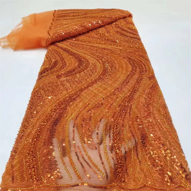 

High Quality 2022 Orange Tulle sequins French Nigerian Lace Fabrics Pearls Embroidered Guipure African 3d Lace Fabric