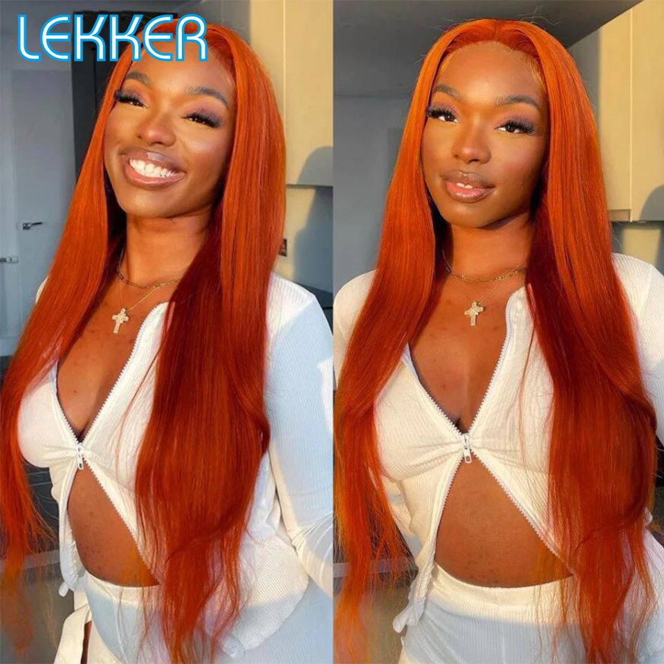 Lekker Ginger Orange Straight 4x4 T Lace Front Human Hair Wig For Women Free Part Pre Plucked Brazilian Remy Hair Colored Wig