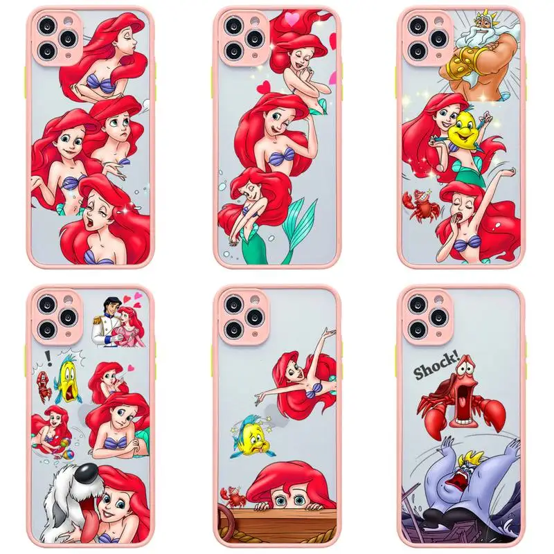

Disney The Little Mermaid Phone Case For iphone 13 12 11 Pro Max Mini XS 8 7 Plus X SE2020 XR Light pink Matte Transparent Cover
