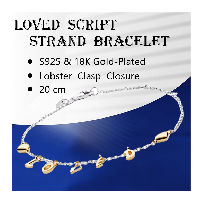 

18K Shine Gold Loved Script Heart Wrist Strand Bracelets For Women Jewelry Silver 925 Original Link Chains Lobster Clasp Closure