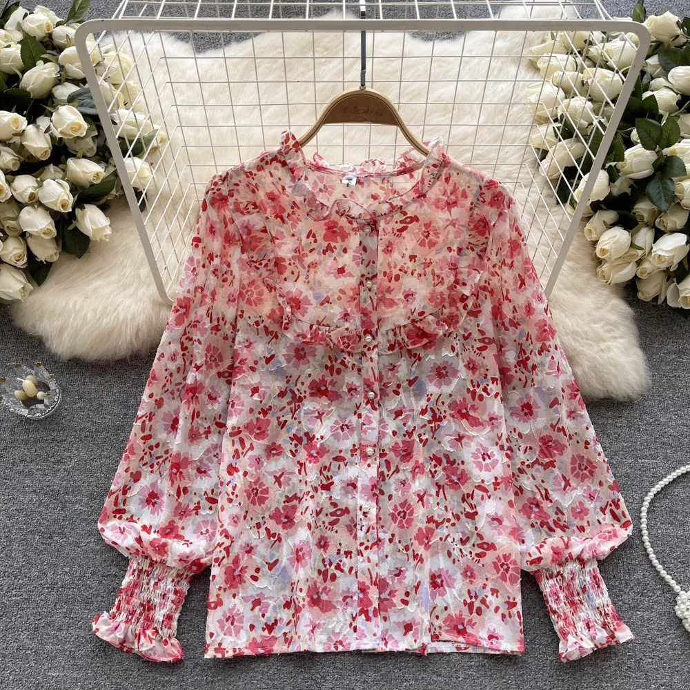 

Женская блузка с оборками, однобортная рубашка с длинным рукавом и цветочным принтом, модель J400 на весну и осень, 2023