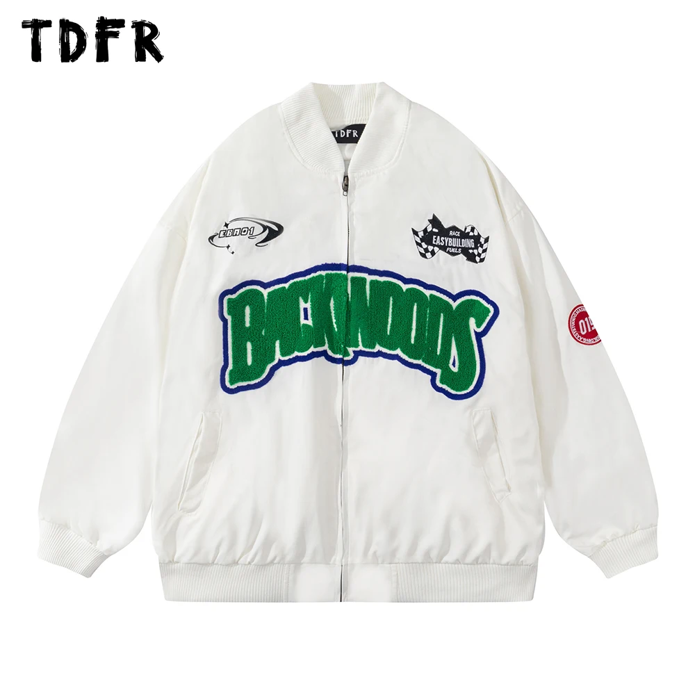 

Letter Embroidery Outerwear Mens Autumn Winter Streetwear Racing Stand Collar Long Sleeve Loose Jacket Men