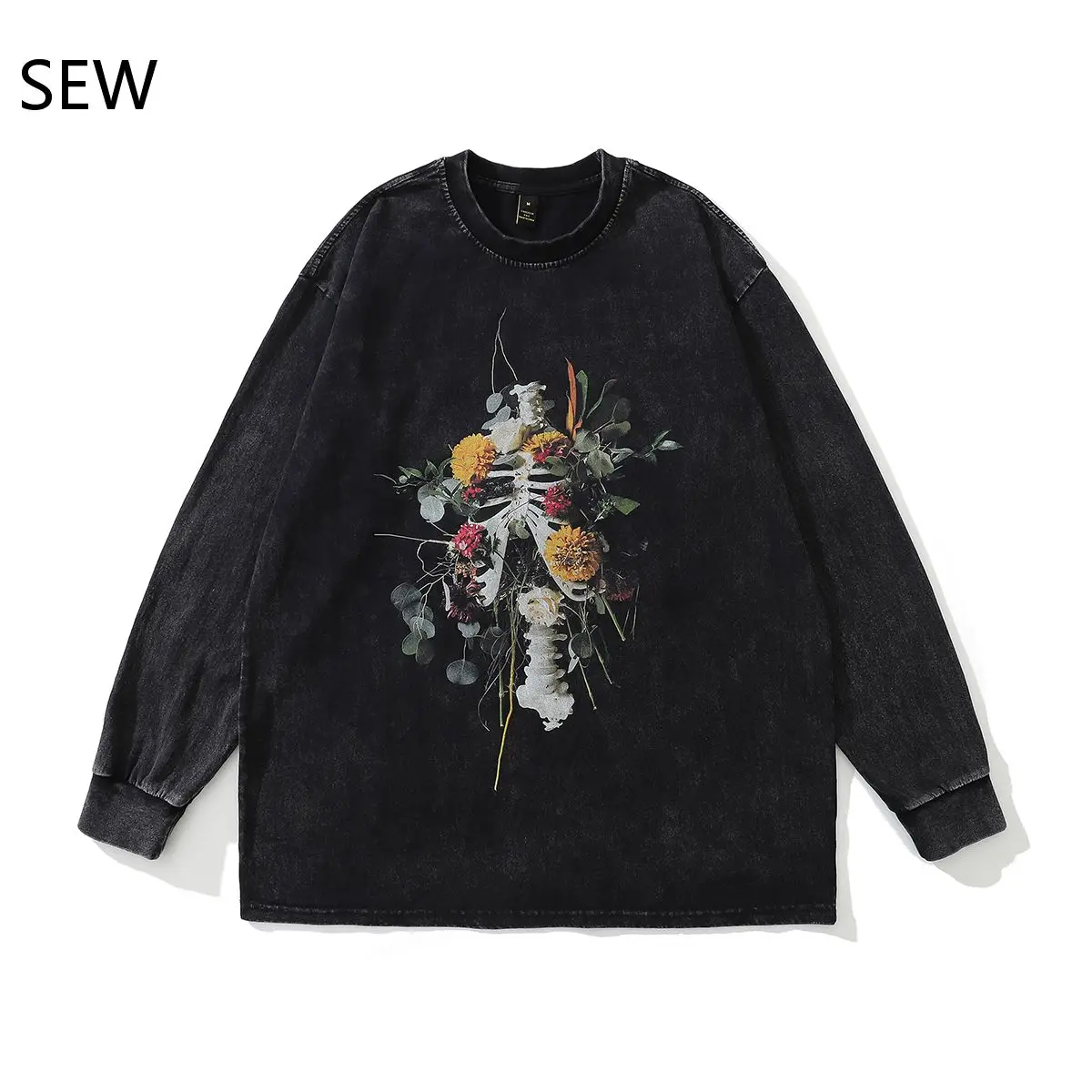 

Осенне-зимняя винтажная промытая Готическая футболка в стиле High Street с принтом скелета розы футболка с длинным рукавом Уличная свободная фу...