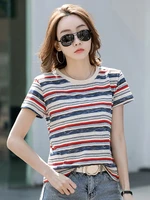 2022 summer new fashion korean striped cotton women tops o neck loose t shirt female short sleeve thin casual tee shirts femme