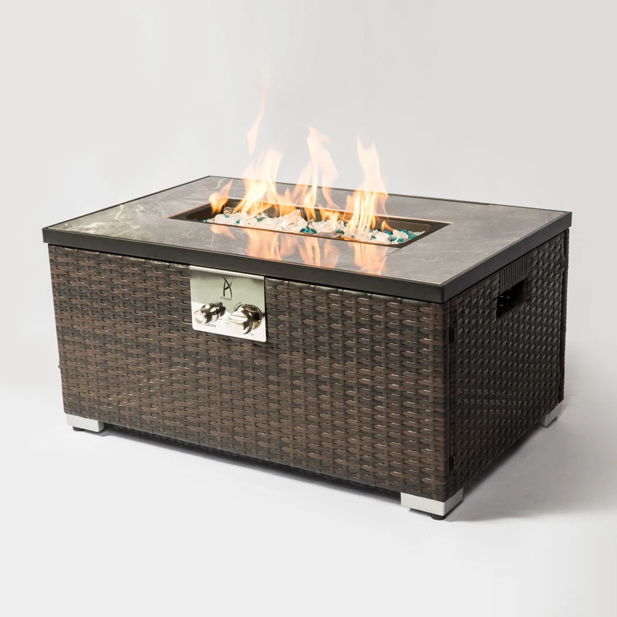 

Outdoor Rattan Gas Fire Table, 40,000BTU Gas Fire Pit with Tile Top 32"Lx20"Wx15"H