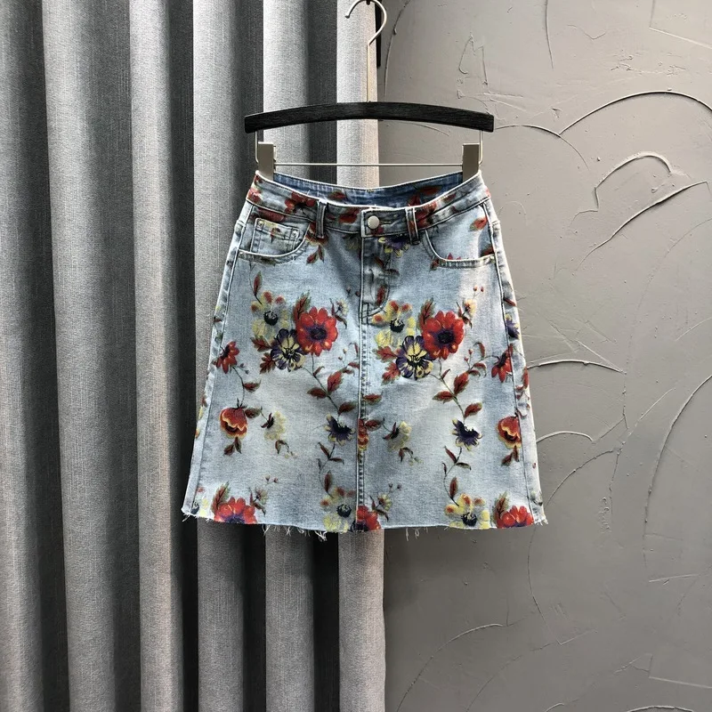 

Женская джинсовая юбка с высокой талией, прямая мини-юбка с разрезом и завышенной талией, весна-лето 2023