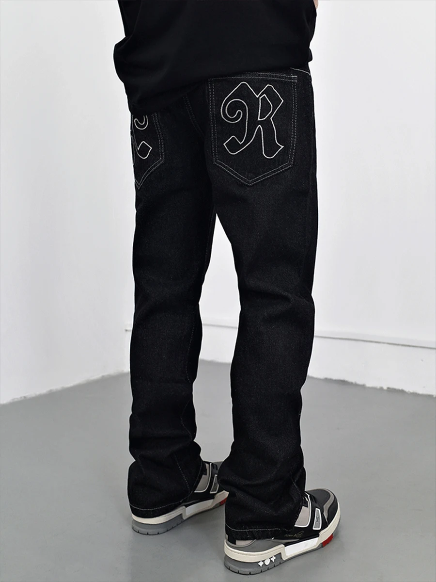 Four Seasons Star Letter Embroidery Black Hip Hop Men's Straight Jeans Trousers Street Men Loose Jeans New Fashion Spodnie JEANS