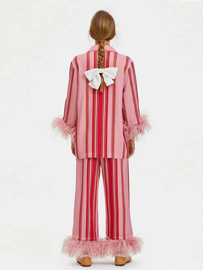 Marthaqiqi Модный женский Пижамный костюм с перьями Пижама отложным воротником