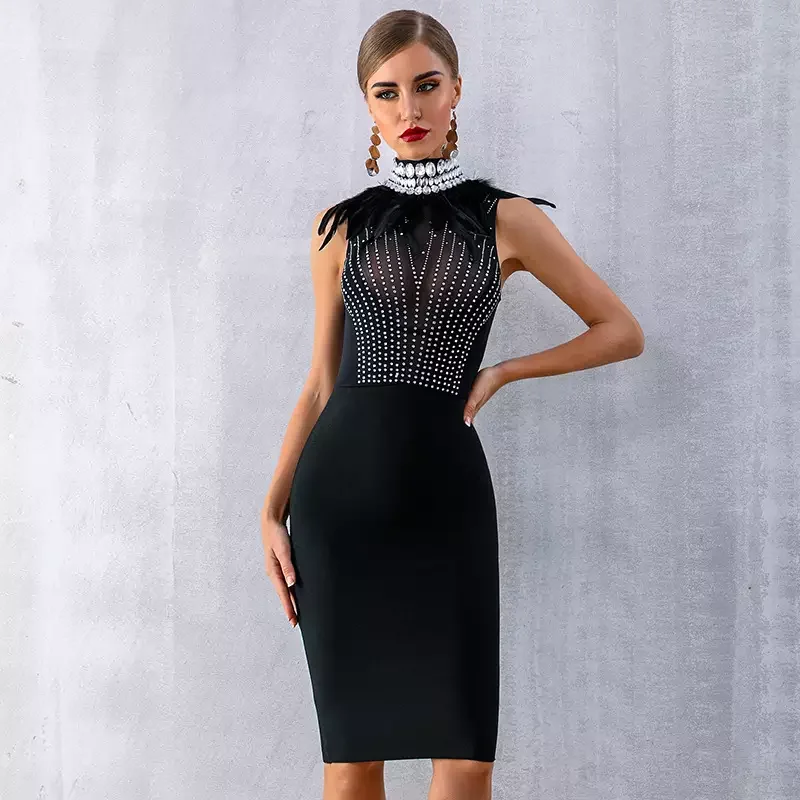 Celebrity High Quality Black Sleeveless Beading Feather Hollow Out Sexy Rayon Bandage Dress Evening Party Dress