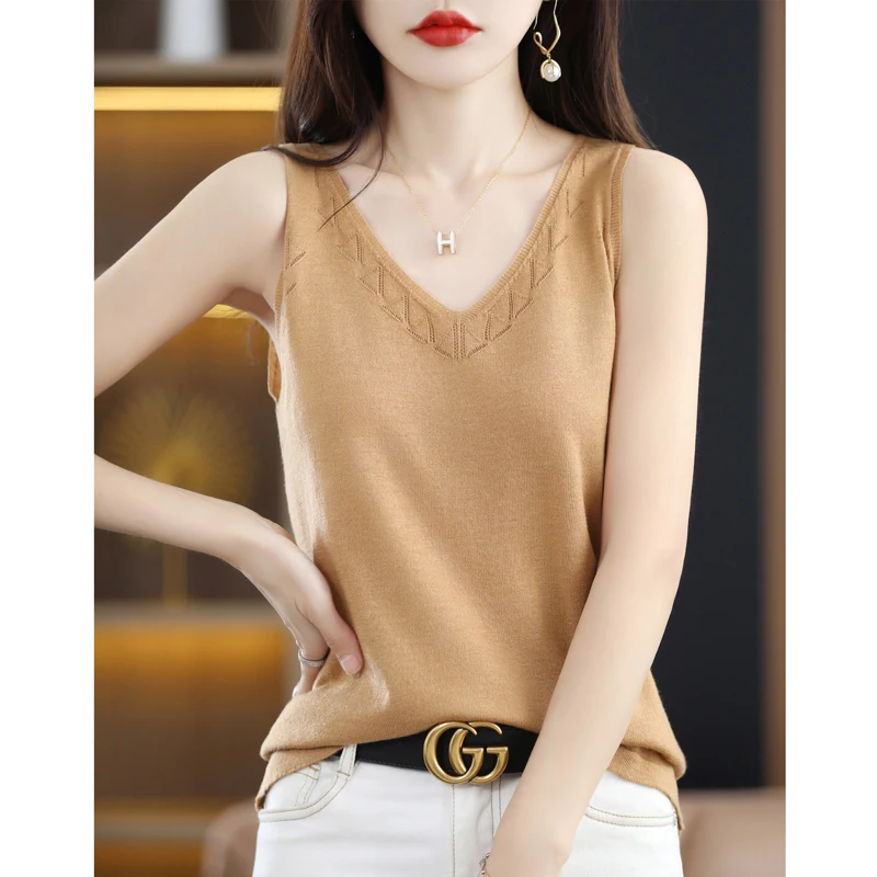 

Summer Women's V-Neck Knitted Worsted Wool Sling Sleeveless Vest Sexy Hollow Chic Temperament Female Elegant Fashion T-Shirt