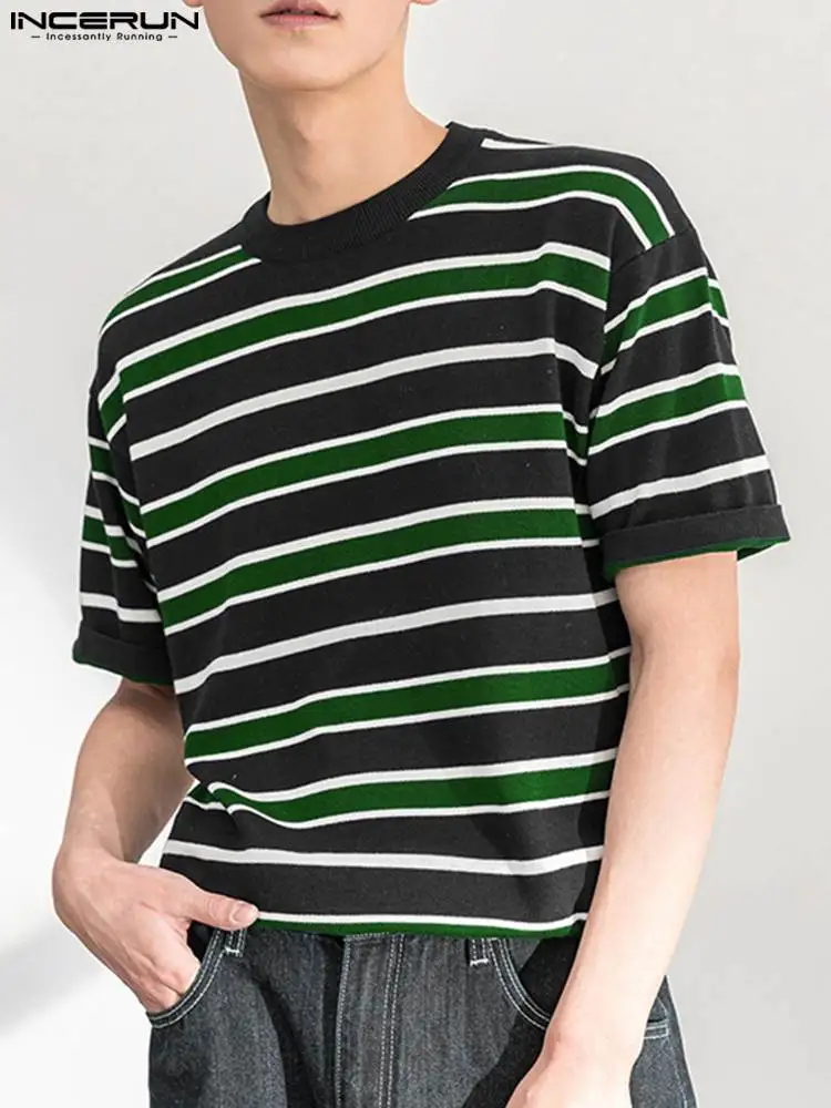 

Handsome Well Fitting Tops INCERUN New Men's Knitted Striped Loose O-Neck T-shirts Casual Male Short-sleeved Camiseta S-5XL 2022