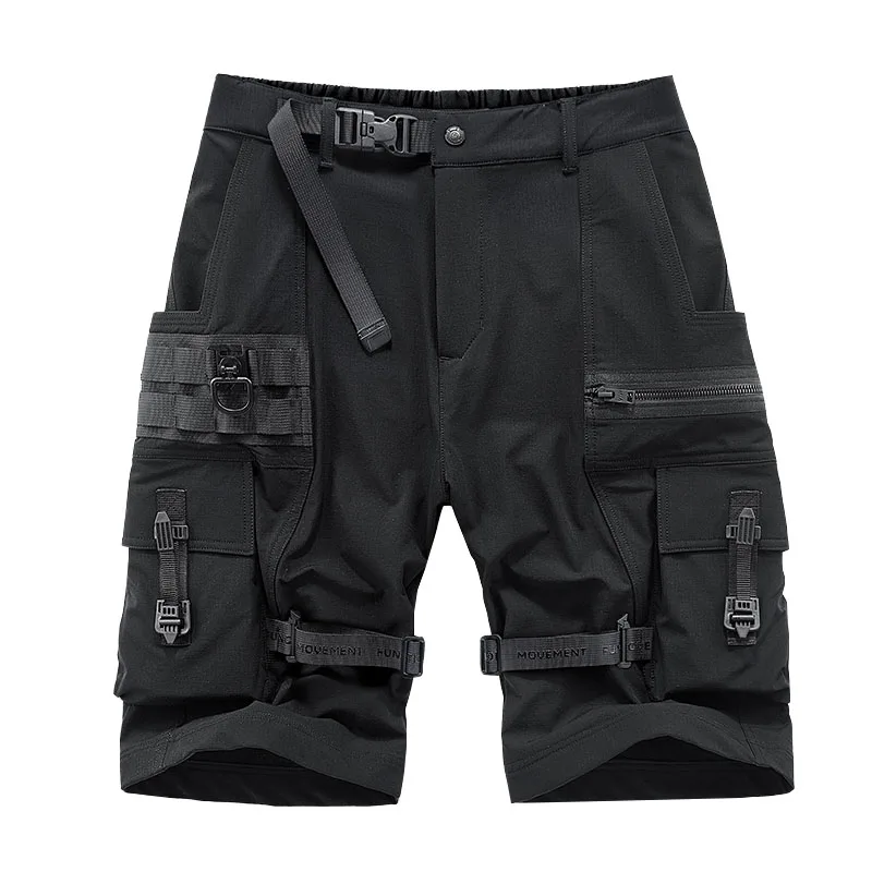 Mcikkny Men Cargo Hip Hop Techwear Shorts Multi Pockets Black Tactical Streetwear Short Pants For Male Patchwork