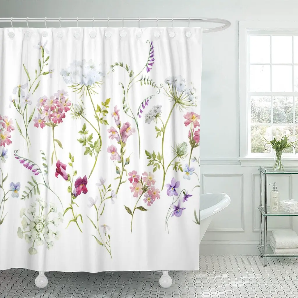 

Shower Curtain Watercolor Floral Pattern Delicate Flower Wildflowers Pink Tansy Pansies White Queen Anne's Lace Retro Waterproof