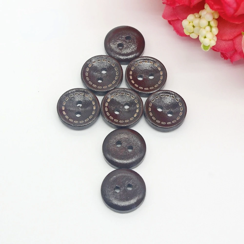 

200PCs Decorative Buttons Dotted Line Bowl 2 Holes 15mm Sewing Wooden Buttons Flatblck Scrapbooking