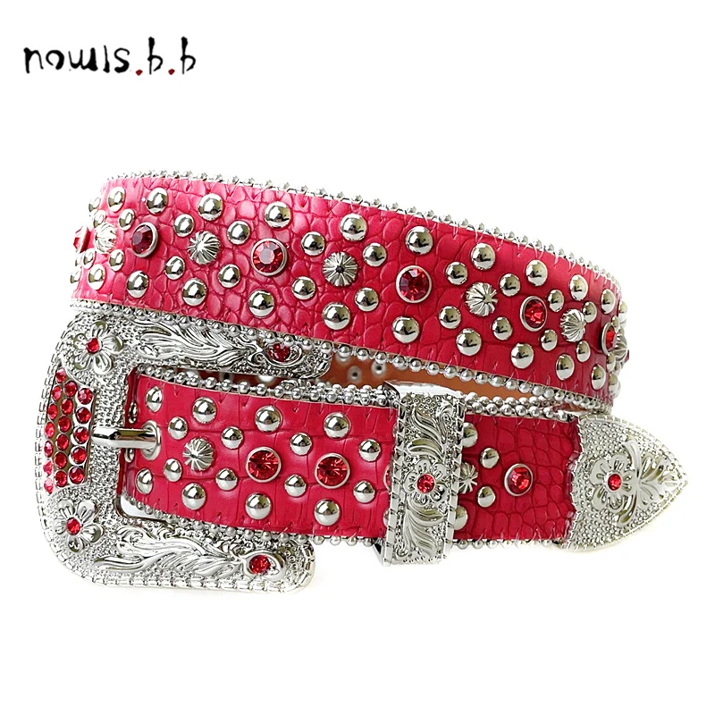 NOWISBB Carving Buckle Rhinestone Belts Quality Crystal Studded Western Cowgirl Cowboy Diamond Bling Belt Y2K Ceinture Femme