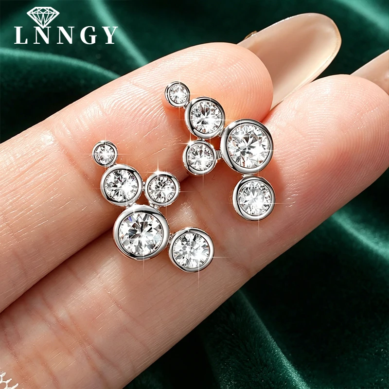 Фото Серьги-гвоздики Lnngy из золота 14K с 5 камнями в стиле «пузырьки», сертифицированные, с муассанитами 5 мм в оправе, элегантные ювелирные изделия, подарок №1