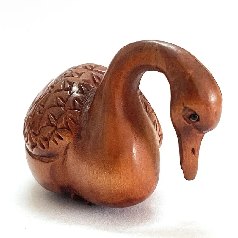 

2 INCH Japanese Boxwood Hand Carved Netsuke Sculpture Miniature Beautiful Swan Rest - #ZY90