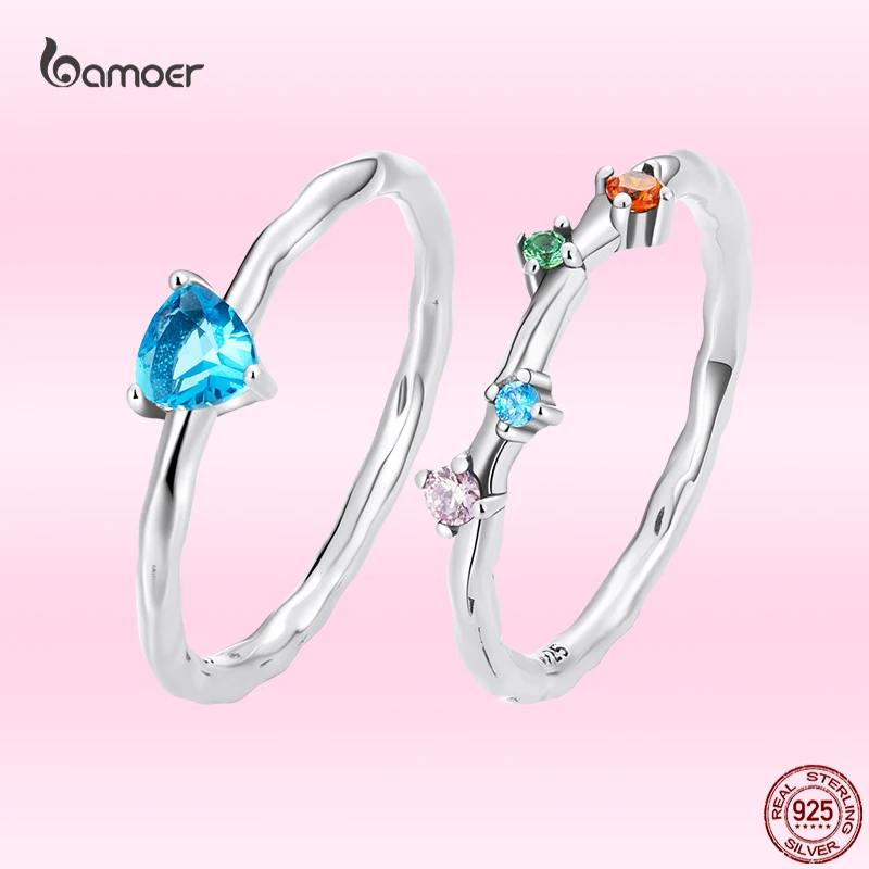 

Bamoer New 100% 925 Sterling Silver Simple Blue Zirconia Rings Colorful Finger Rings for Women S925 Fine Jewelry Gifts Wholesale