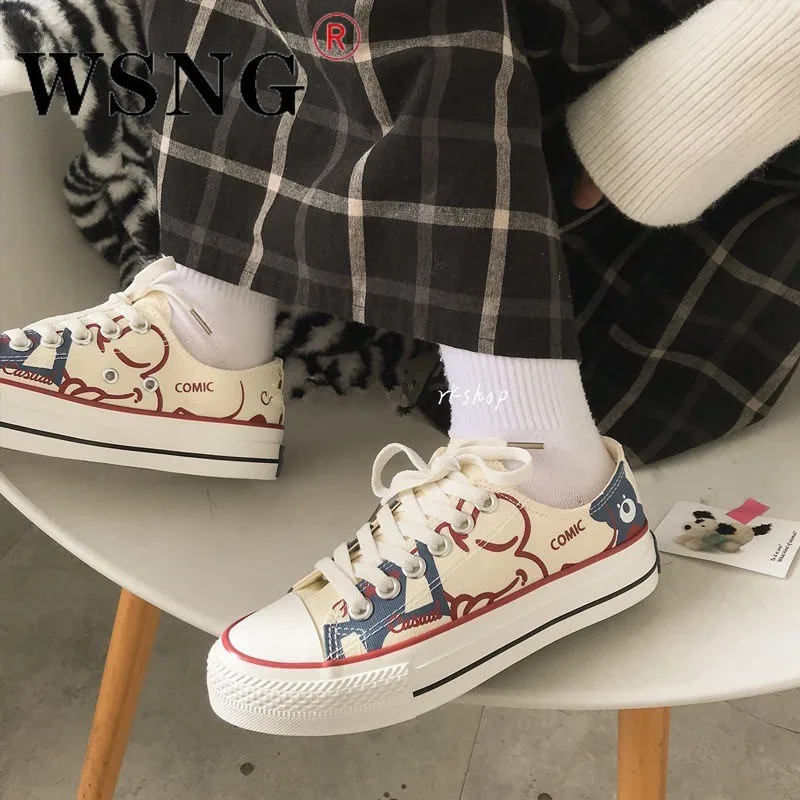 

2022 Spring/Summer Women's Casual Canvas Sneakers Ladies Lace Up Thick Sole Comfortable Lightweight Sneakers Cute Cartoon Bear