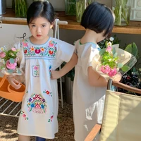 rinilucia flower girl dresses embroider short sleeve kids cotton mid calf length casual vintage wear summer dress girl kids