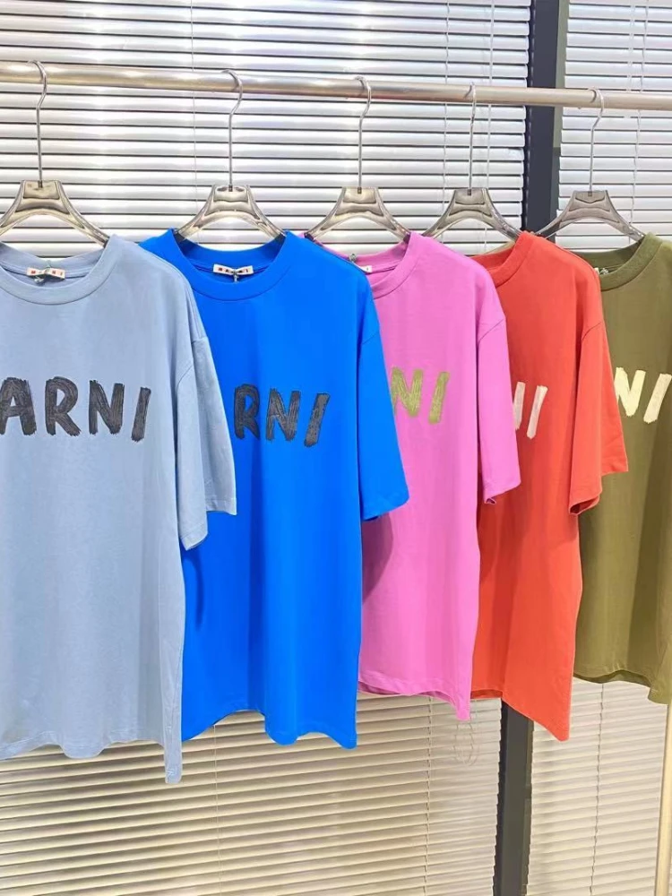 

Women T-shirt 2022 Summer New Solid Color mar* Letter Printing T-shirt Round Neck Men and Women Casual Loose Short-sleeved Top