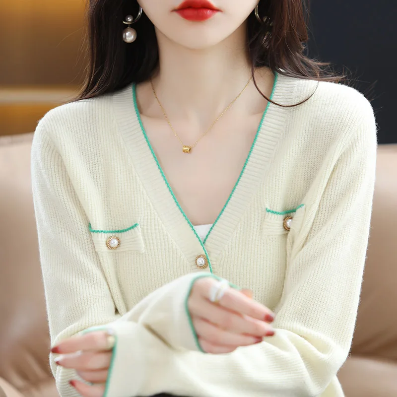 Spring and autumn new 100% wool cardigan small fragrance light luxury simple v-neck pearl button cardigan female peak season top