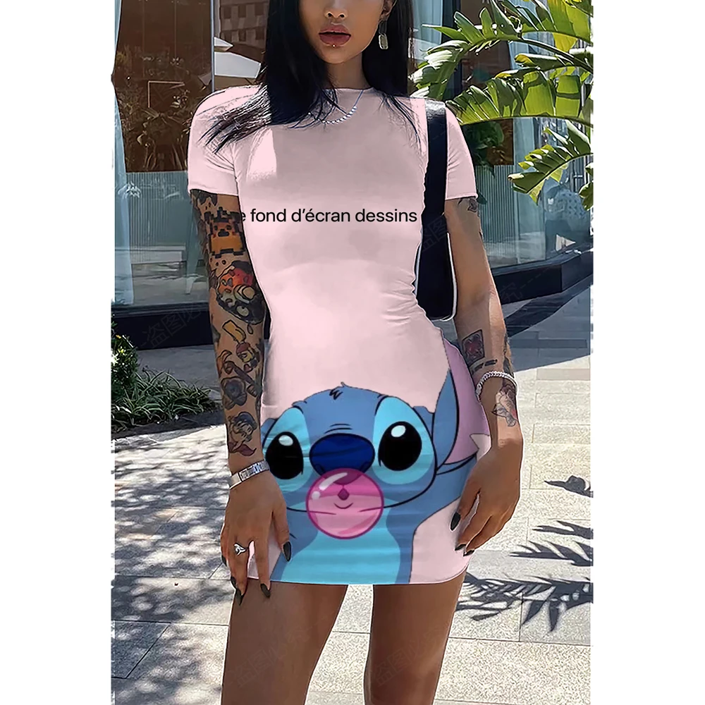 

Disney Stitch Bodycon Mini Dress Women Short Sleeve O Neck Dress Sexy Ladies Night Club Fit Dress Fashion Pink
