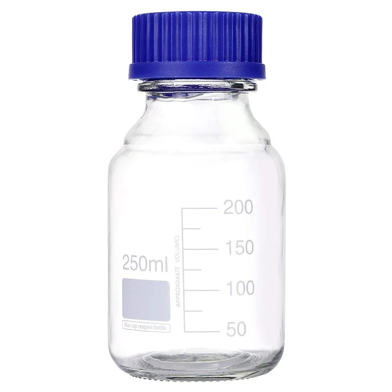 10 Pieces 250 mL Graduated Round Reagent Media/Storage Glass Bottle With GL45 Blue Polypropylene Screw Cap