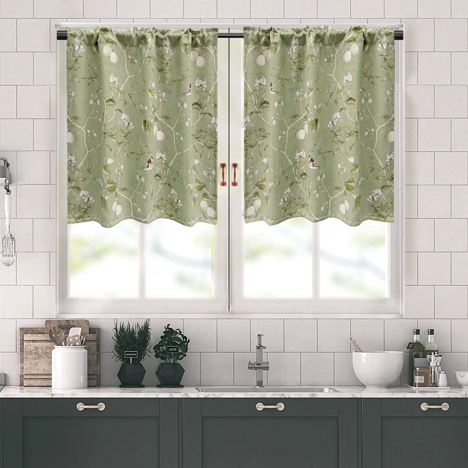 

Rod Pocket Birds Printed Short Curtains For Kitchen Green Linen Home Decor Panel Drapes Bedroom Living Room Window Curtains