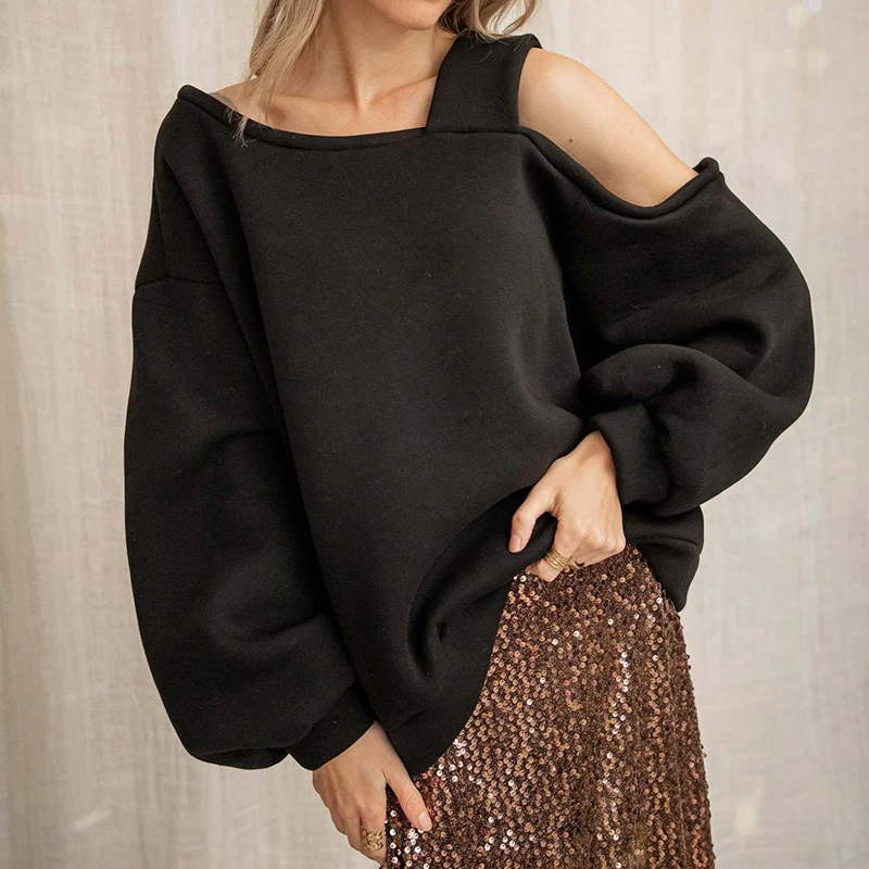 

Women's Lash Neck Long Sleeve Loose Hoodie New Autumn Vintage Solid Long Sleeve Pullover Top Sexy Hollow Off Shoulder Sweatshirt