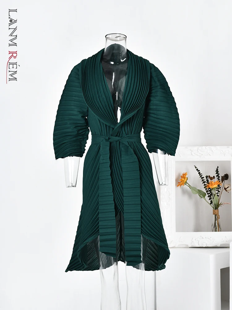 

LANMREM Pleated Trench Coat Women's Lapel Irregular Long Sleeves Solid Fold Windbreaker Female Fashion Belt Coats 2023 2Ra4811