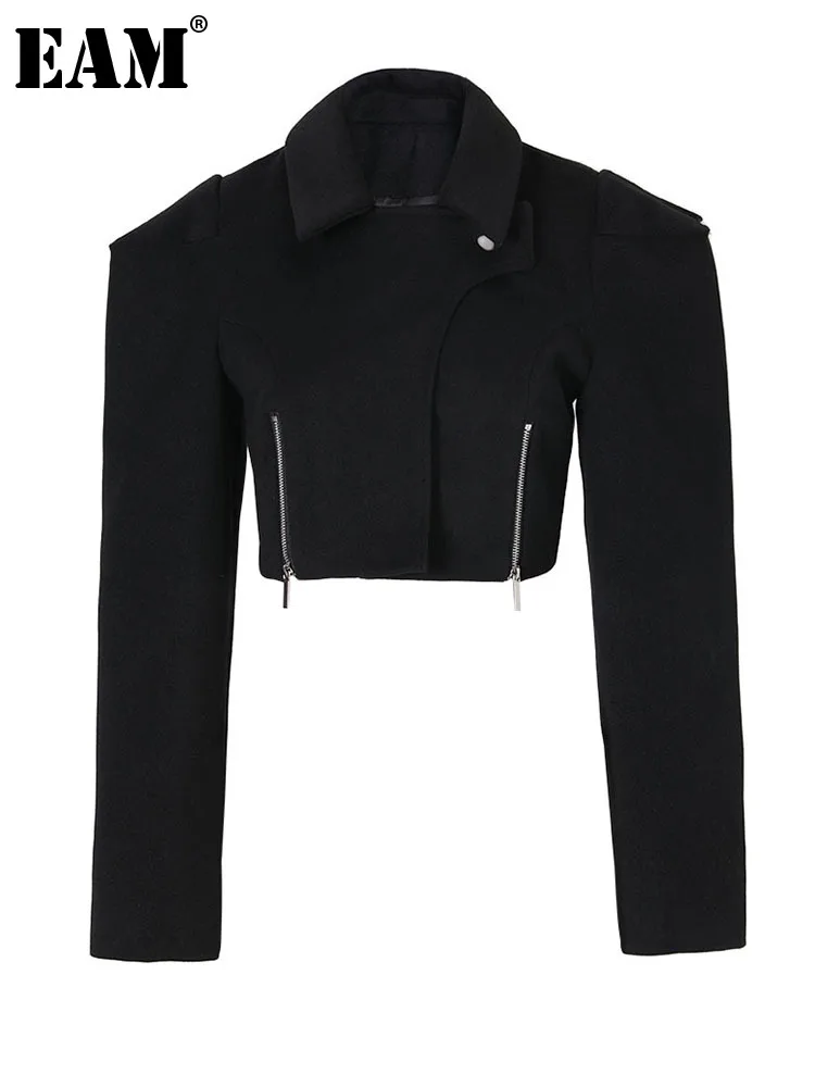 

[EAM] Loose Fit Shaped Elegant Black Short Woolen Coat Parkas New Long Sleeve Women Fashion Tide Autumn Winter 2023 17A1788H0