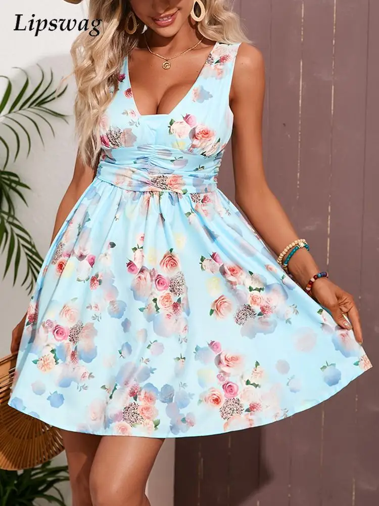 

Летнее платье без рукавов на шнуровке с открытой спиной элегантное Плиссированное мини-платье с цветочным принтом модные облегающие Женск...