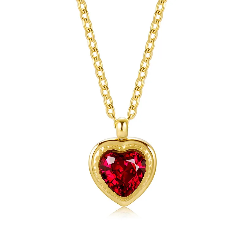 

Jacinth Peach Heart Stainless Steel Plated 14K Gold Necklace Fashion Simple Heart Emerald Pendant Clavicle Chain