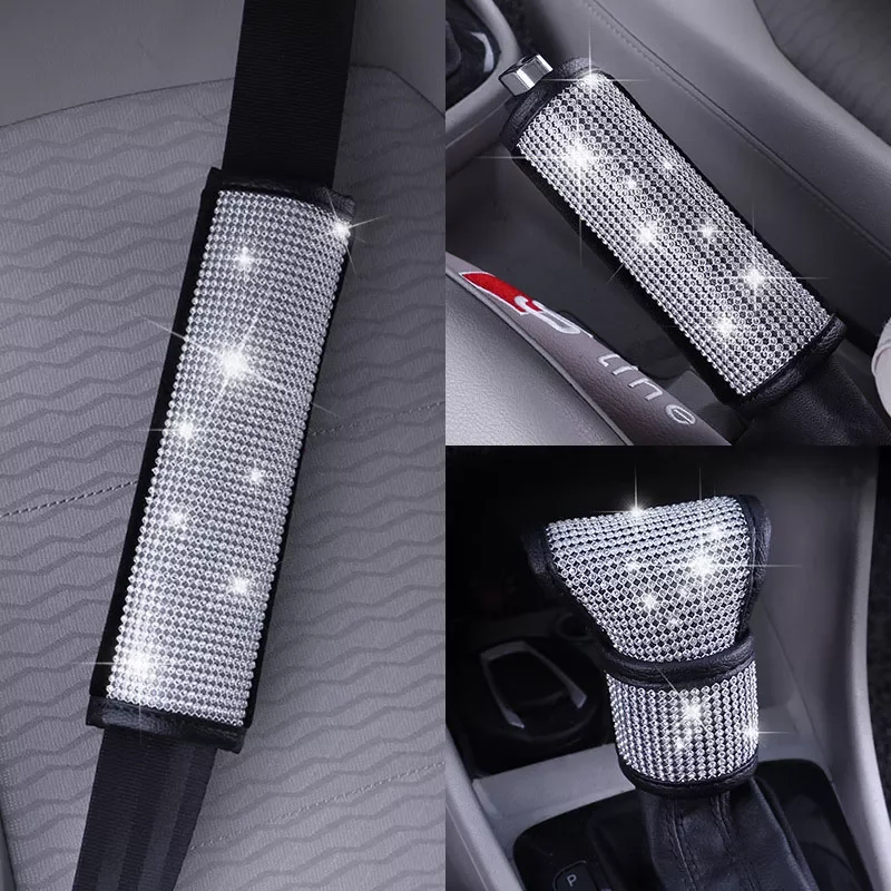 

Rhinestones Car Accessories Crystal Diamond Gearbox Handle Cover Hand Brake Cover Car Seat Safety Belt Shoulder Cover