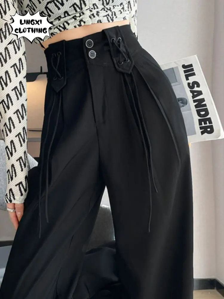 Light Blue Drawstring Narrow Wide Leg Straight Suit Trousers High Waist Drape Summer Professional Women Sweatpants Korean Style