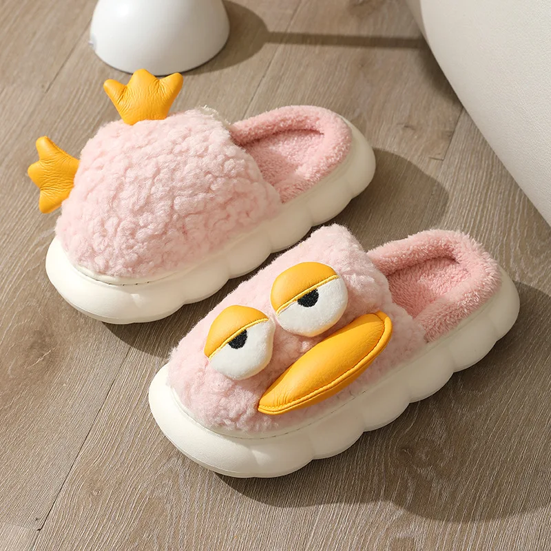 Cartoon flat pressed cotton slippers for women to keep warm in autumn and winter;lovers indoor slippers at home