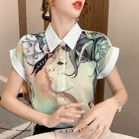 summer womens blouse bat short sleeve top korean fashion viscose y2k printing loose polo shirt houthion