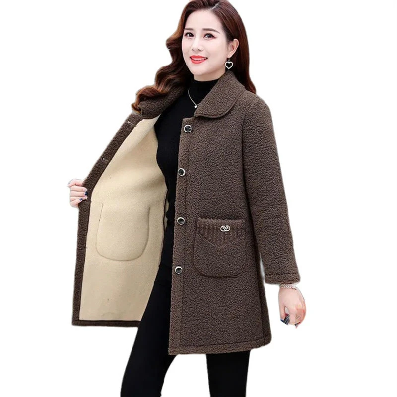 Oversized XL-6XL Mom Thick Warm Lambwool Fur Grain Fleece Coat Women Mid-Length Loose Jacket Fashion Turn-Down Collar Plush Top