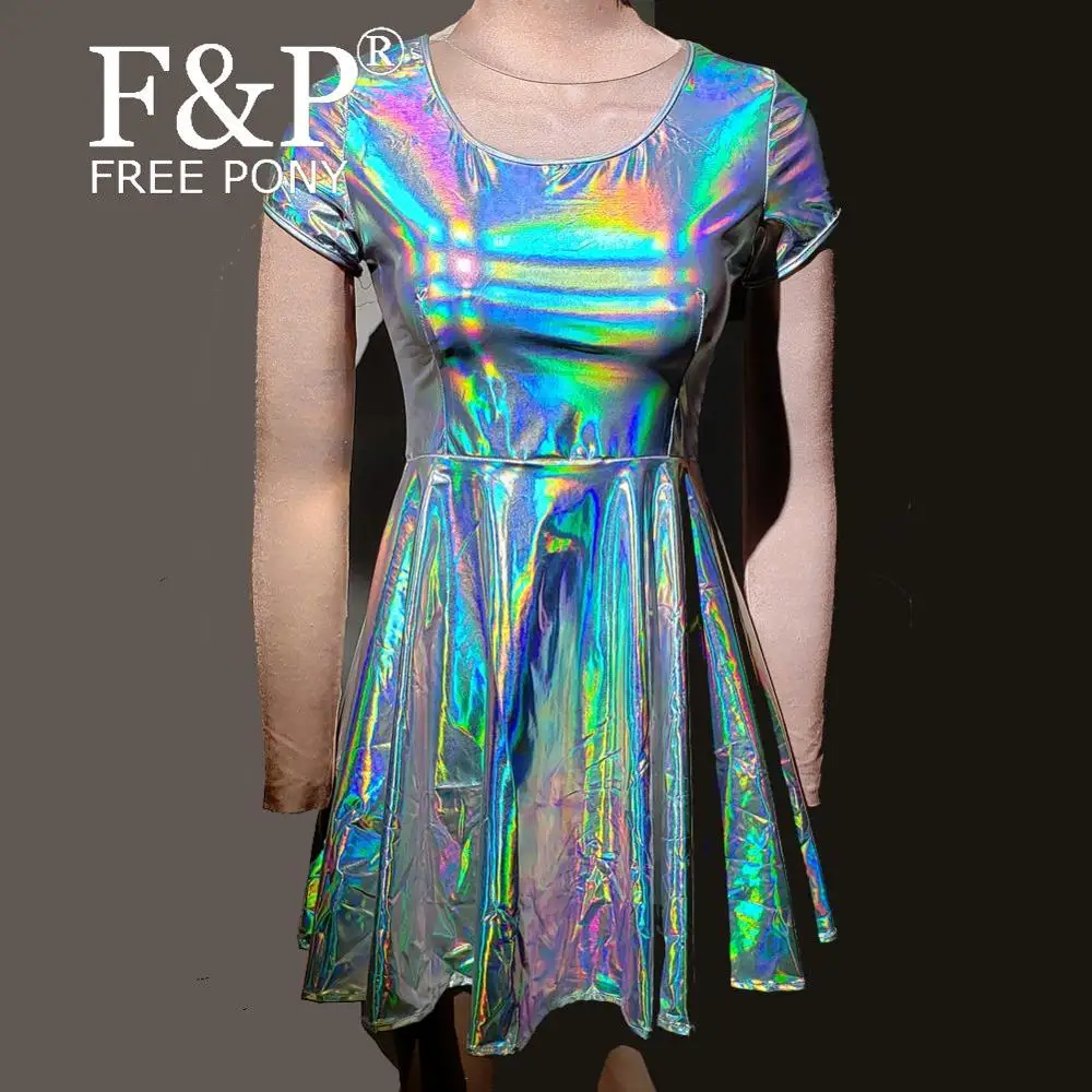 Holographic Rainbow Skater Dress Burning Man Festival Rave Outfits Costumes Clothing Clothes Wear Cosplay