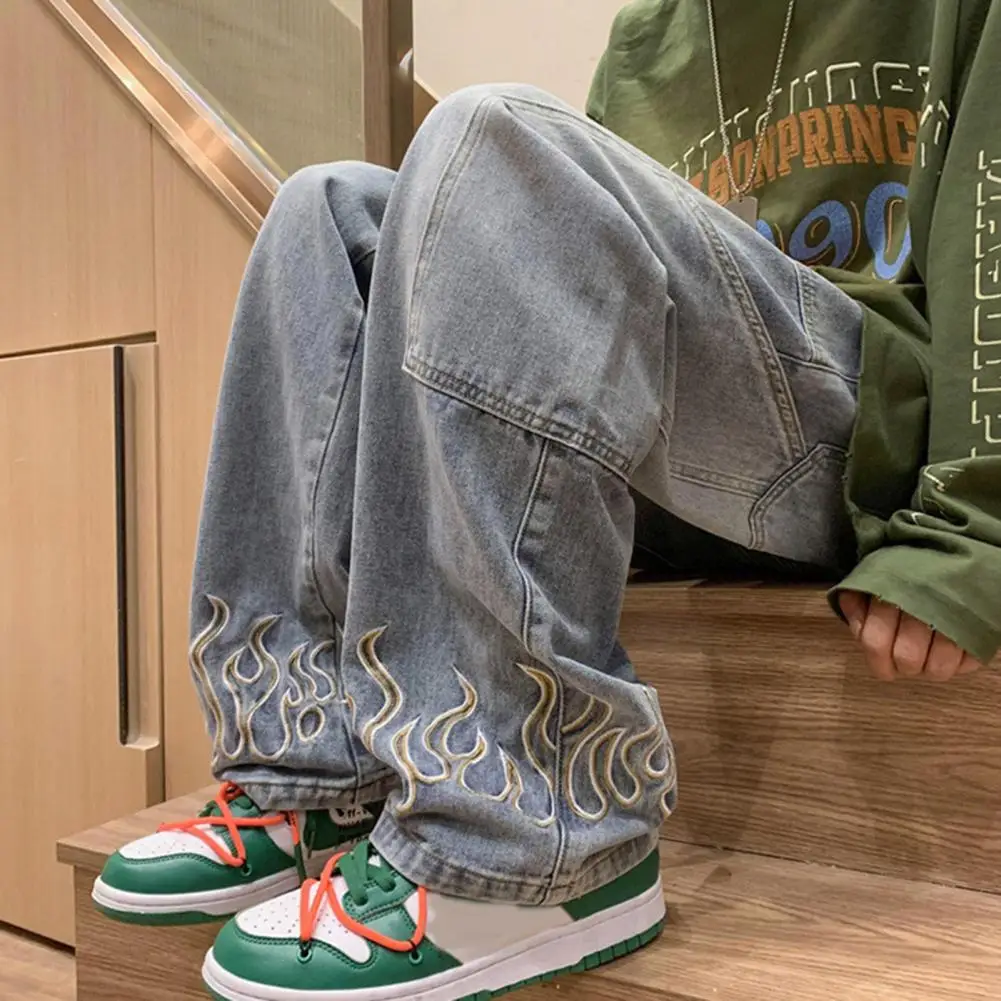 Брюки мужские джинсовые с принтом пламени повседневные прямые широкие штаны из