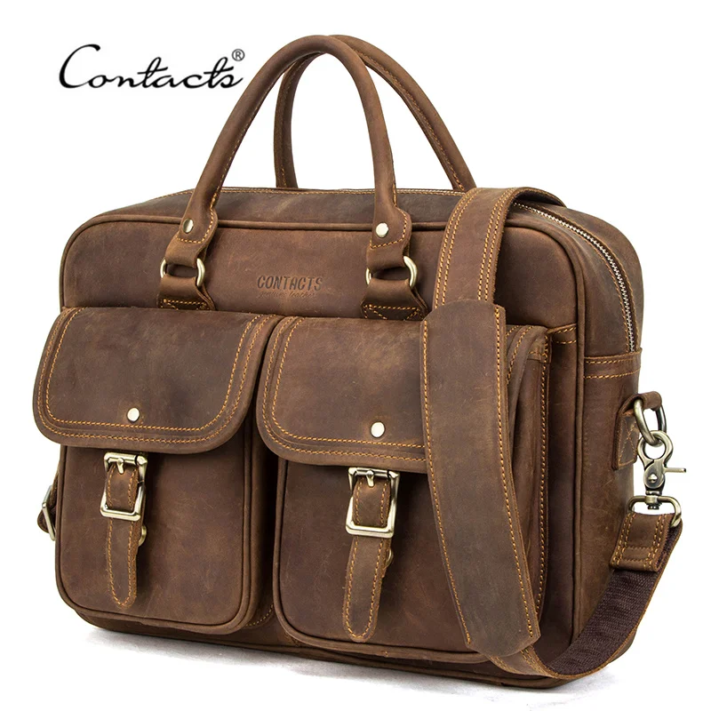 

Contacts Cowskin Men Briefcase Bag Crazy Horse Leather Shoulder Messenger Bag Quality Office Tote Handbags for 15.6" Laptop