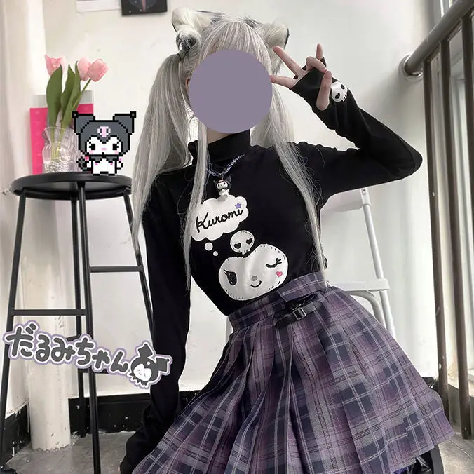 

Осенне-зимняя японская рубашка Hello Kitty с высоким воротником черная футболка с воротником-стойкой женская нижняя рубашка с длинными рукавами...