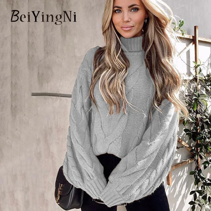 

Beiyingni Autumn Winter Sweater Women Flare Sleeve Turtleneck Solid Female Knitting Pullover Casual Vintage Loose Thicken Jumper