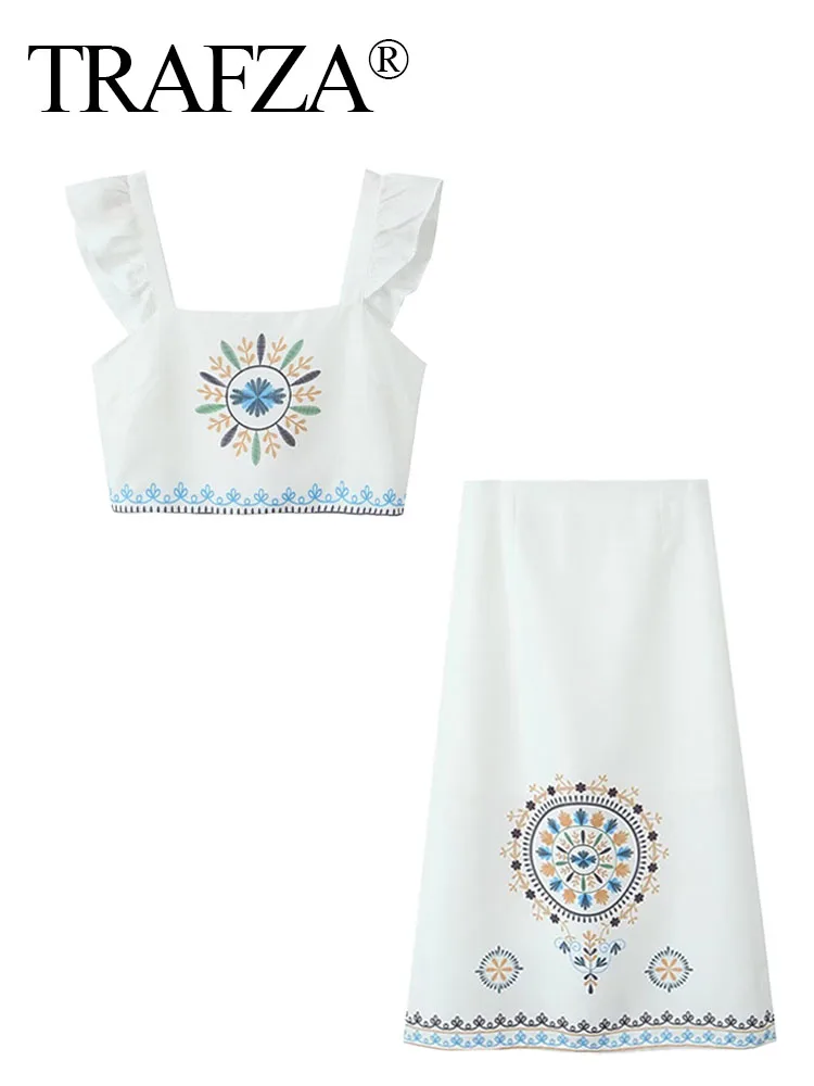 Женский летний костюм TRAFZA белый топ без рукавов с квадратным вырезом и принтом