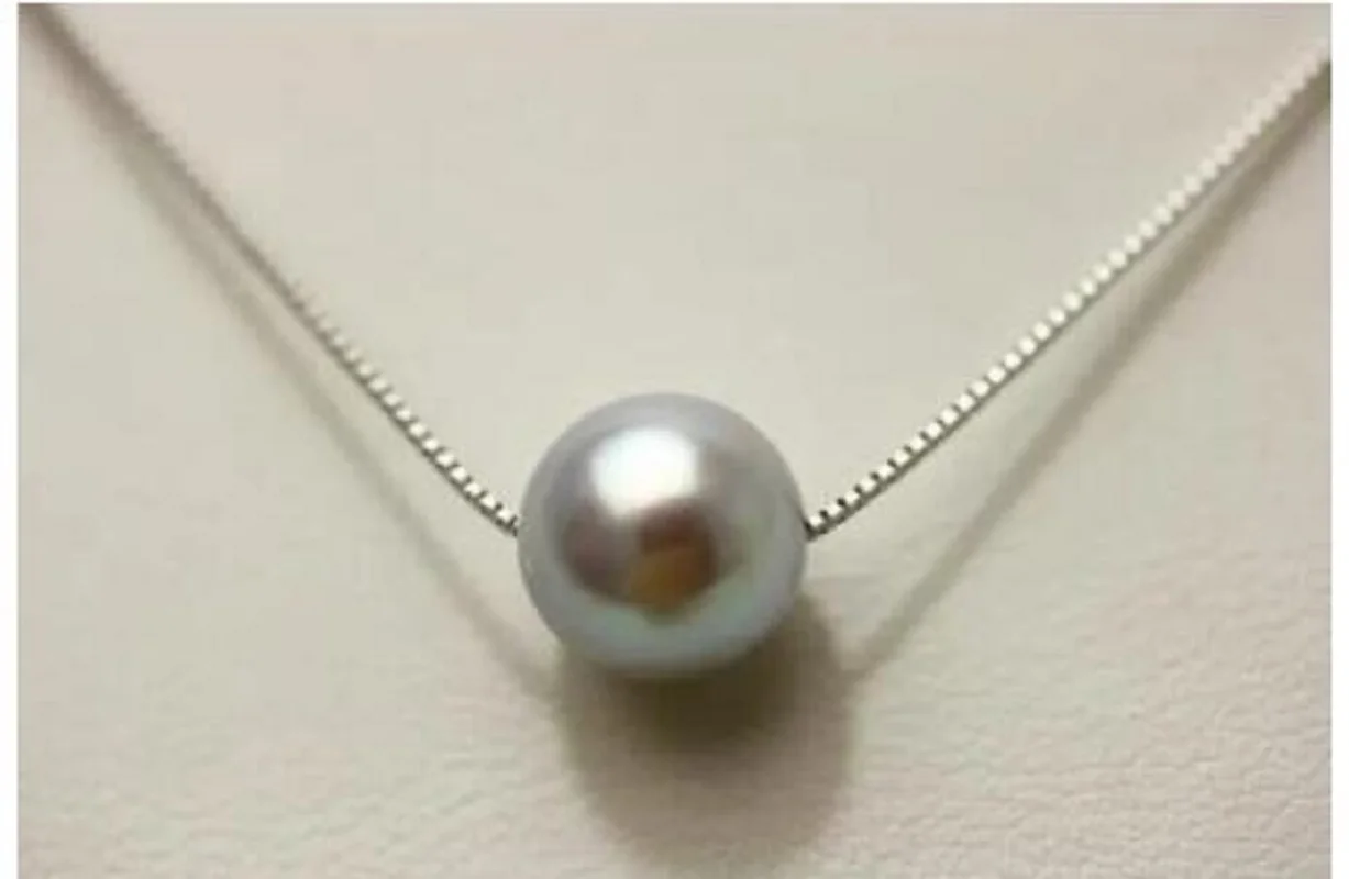 

9-10mm round natural Akoya gray pearl pendant necklace 18"