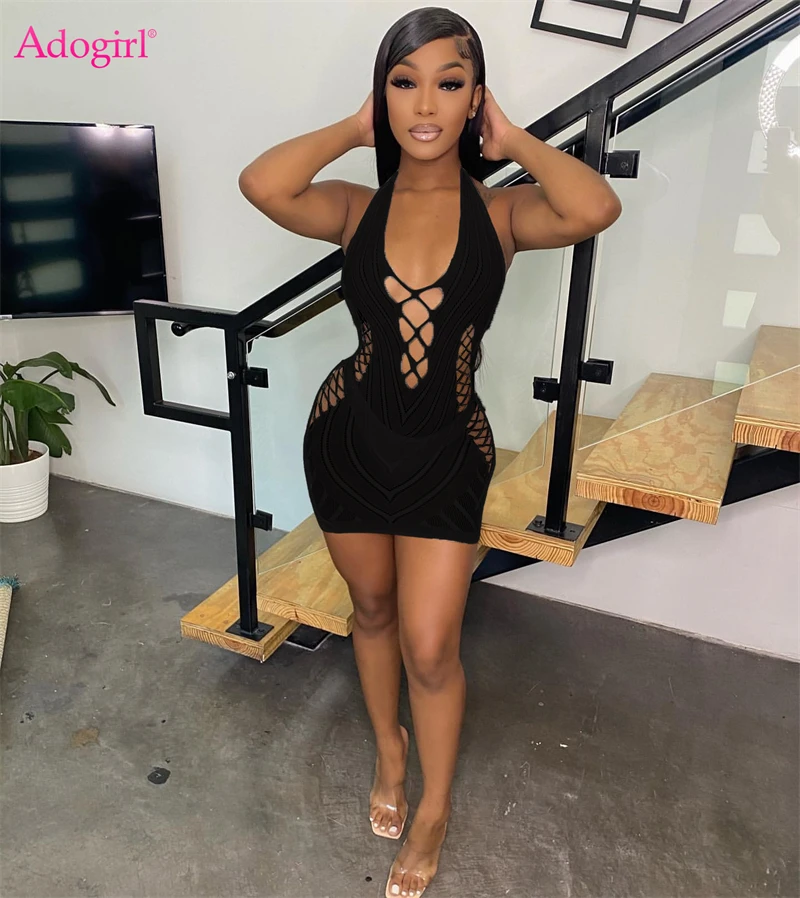 

Сексуальное мини-платье Adogirl для ночного клуба, вечеринки, для женщин, лето 2022, Глубокий V-образный вырез, лямка через шею, открытая спина, иск...