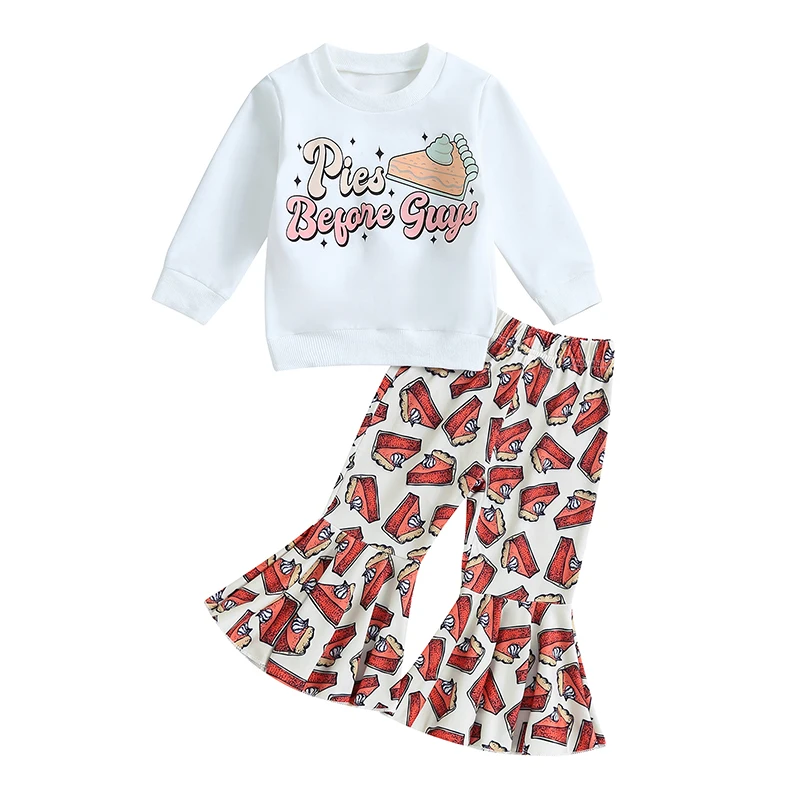 

Kid Girls Pants Set Letters Print Sweatshirt with Dessert Print Flare Pants Thanksgiving Day Halloween Clothes